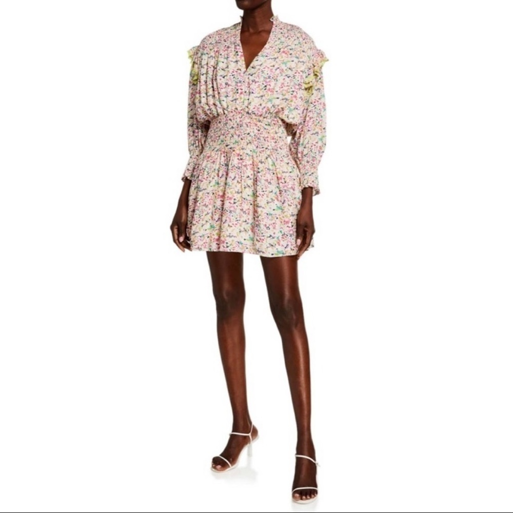 Tanya Taylor Imogen Smocked Floral V-Neck Long Sleeve Mini Dress White Pink